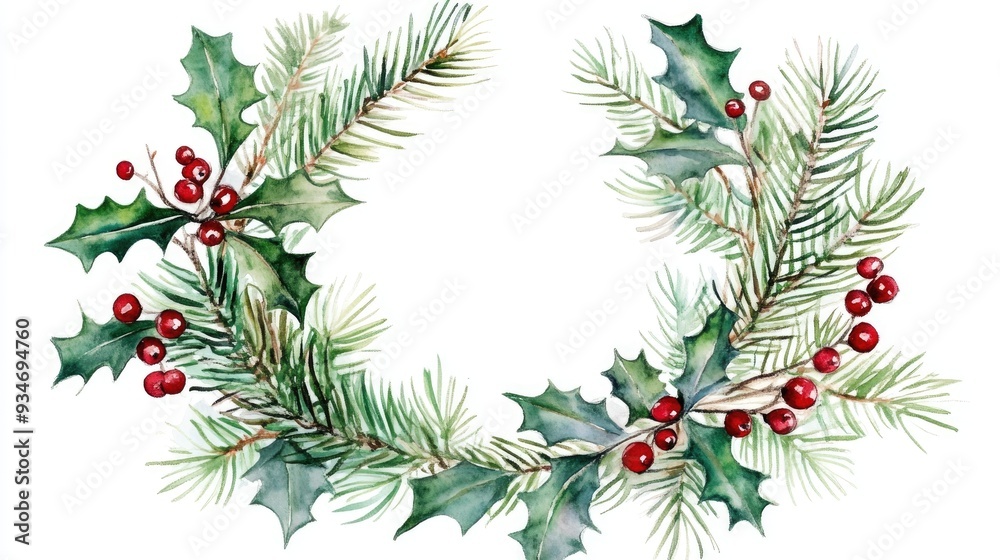 Fototapeta premium Watercolor illustration of a Christmas holiday wreath featuring fir tree branches and holly