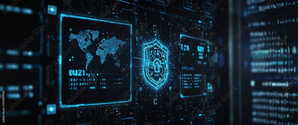 the importance of cyber security and digital protection in the modern business landscape. Use futuristic and sleek technology designs to convey a sense of advanced protection and security the importance of cyber security and digital protection in the modern business landscape. Use futuristic and sleek technology designs to convey a sense of advanced protection and security