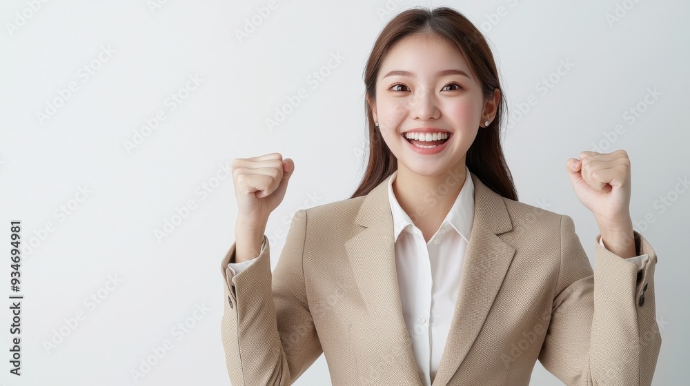 A woman in a business suit is smiling and raising her hands in the air A woman in a business suit is smiling and raising her hands in the air
