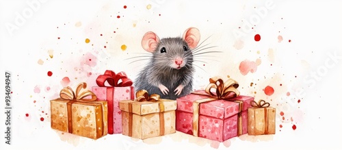 Watercolor illustration of a festive rat surrounded by a pile of presents on a light background photo