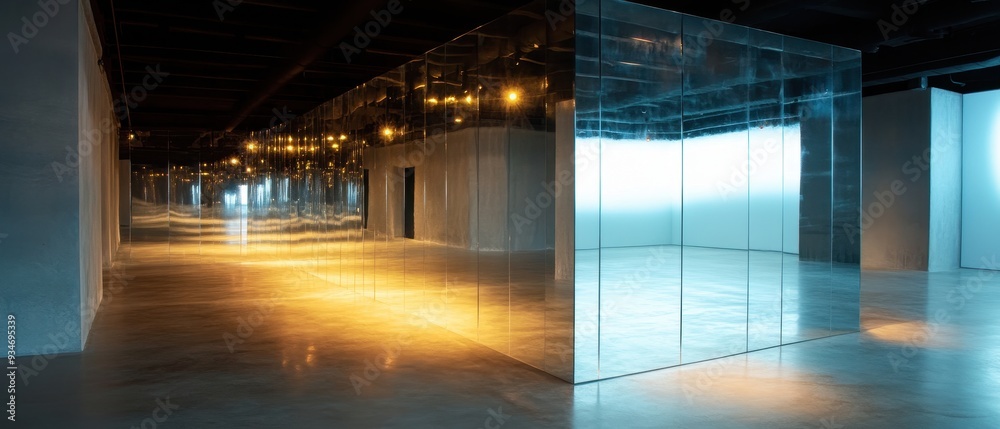 Modern Industrial Interior with Reflective Glass Walls and Warm Lighting in a Spacious Open Space