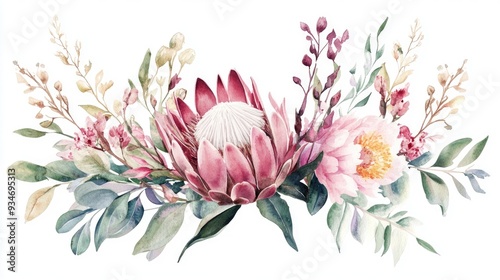 Fototapeta Naklejka Na Ścianę i Meble -  Watercolor floral artwork featuring protea leaves branches and flowers for a bohemian wedding invitation