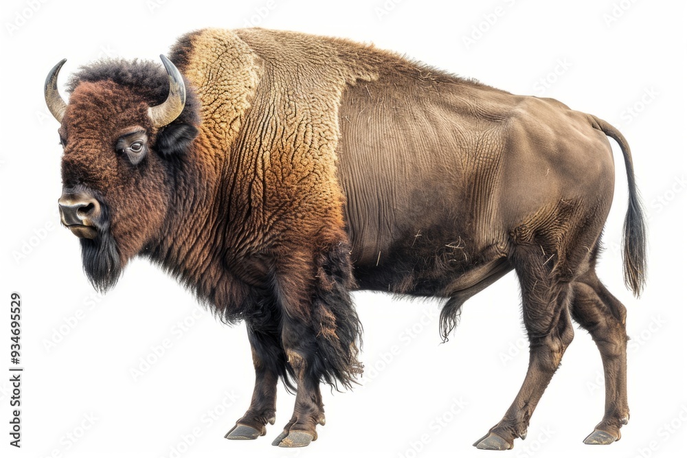 A majestic bison stands proudly on a white background. This powerful animal symbolizes strength and resilience in nature. Perfect for educational or wildlife-themed projects. Generative AI A majestic bison stands proudly on a white background. This powerful animal symbolizes strength and resilience in nature. Perfect for educational or wildlife-themed projects. Generative AI