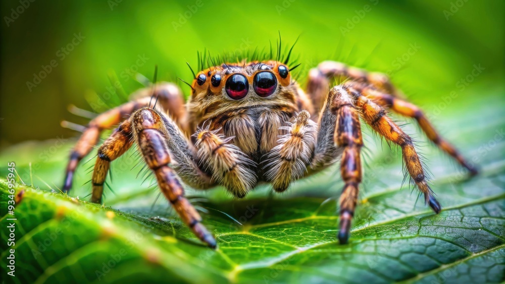 Fototapeta premium Spider resting peacefully on a vibrant green leaf, spider, leaf, nature, wildlife, macro, close-up, insect, arachnid