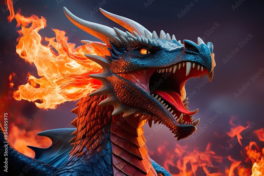 Vibrant Close-Up of a Dragon's Roaring Head with Fiery Flames Erupting Vibrant Close-Up of a Dragon's Roaring Head with Fiery Flames Erupting