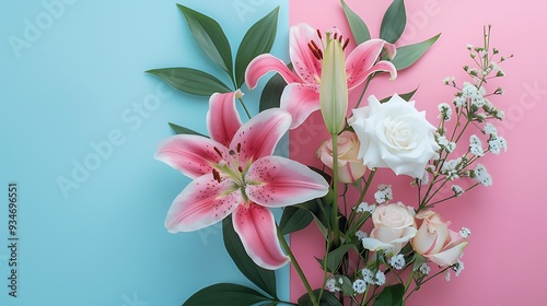 A bouquet of pink lilies and white roses on pink and blue background