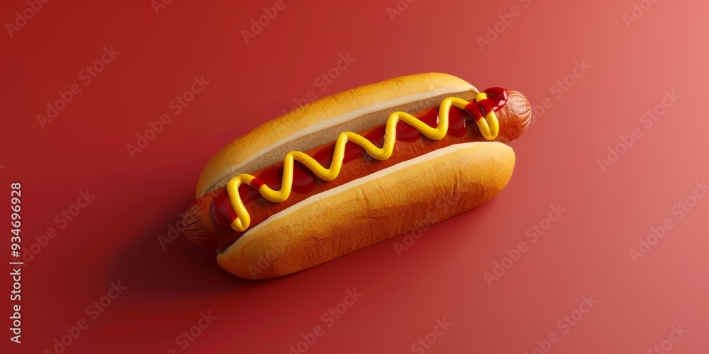 A Hot Dog Topped with Mustard and Ketchup on Red Background A Hot Dog Topped with Mustard and Ketchup on Red Background