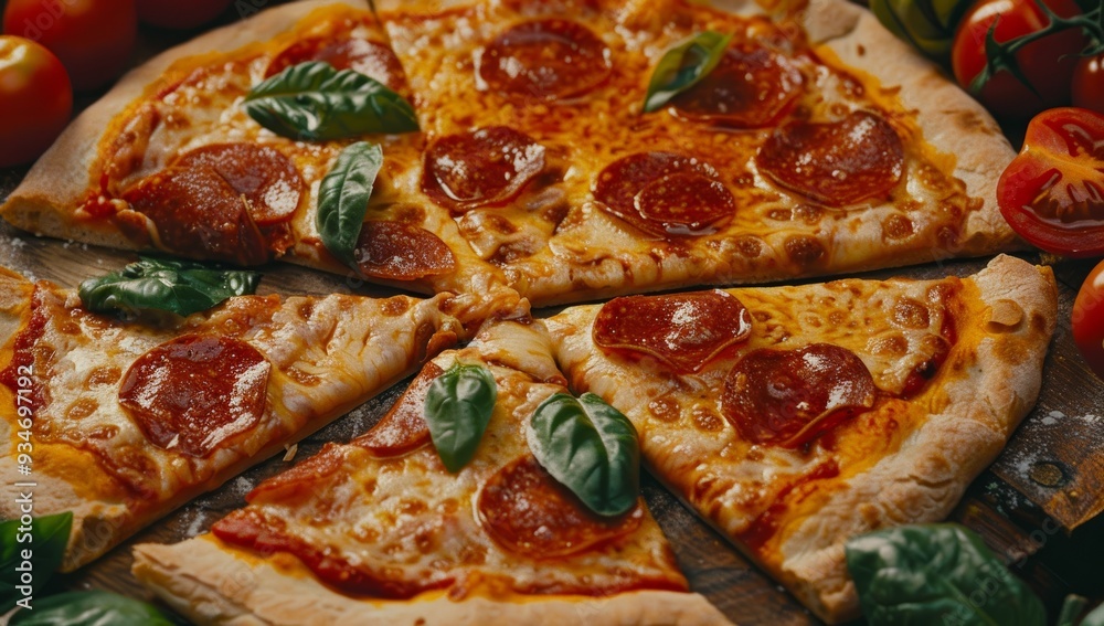 A Close Up View of Slices of Pepperoni Pizza with Basil A Close Up View of Slices of Pepperoni Pizza with Basil