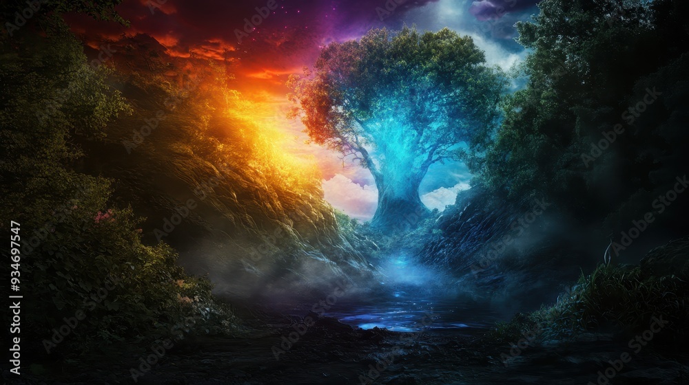 Fototapeta premium Enchanting Fantasy Landscape with Majestic Tree and Mystical Lighting in a Magical Forest