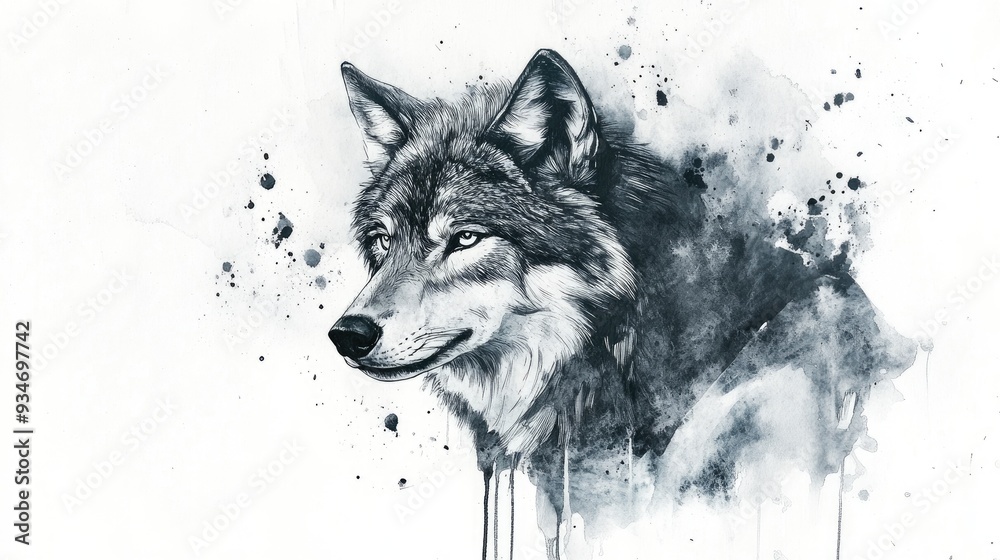 Fototapeta Watercolor illustration of a black and white wolf design featuring ink drips