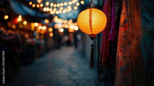 Traditional Asian Street Market with Lanterns and Colorful Fabrics at Night