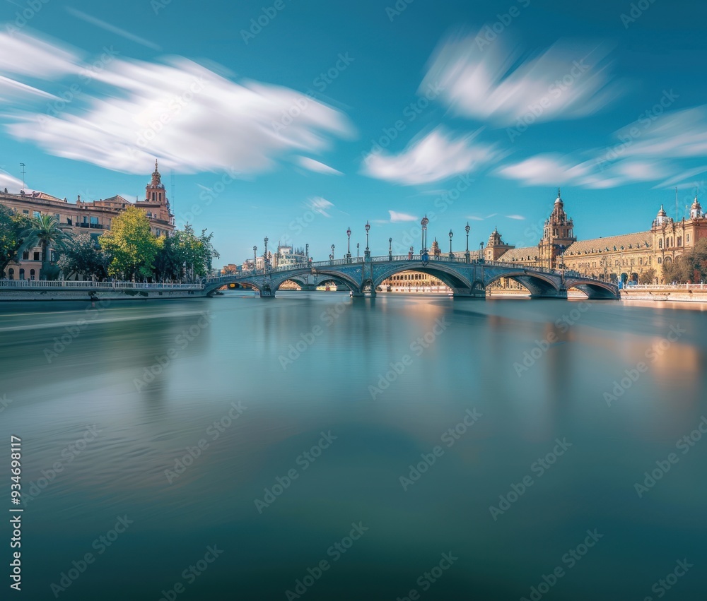 Photo of the river tailored for Seville, with bridge and buildings in the background
