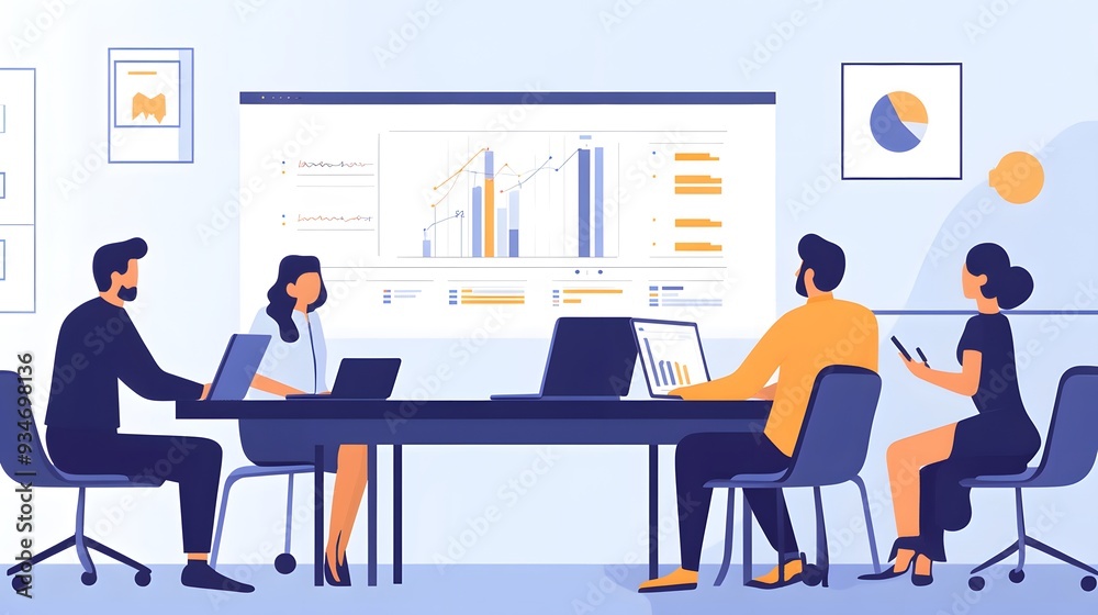 A team of product managers collaborates around a conference table, analyzing a Gantt chart displayed on a projector screen, with charts and graphs visible A team of product managers collaborates around a conference table, analyzing a Gantt chart displayed on a projector screen, with charts and graphs visible