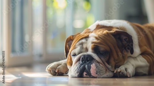 A cute bulldog resting on the floor at home