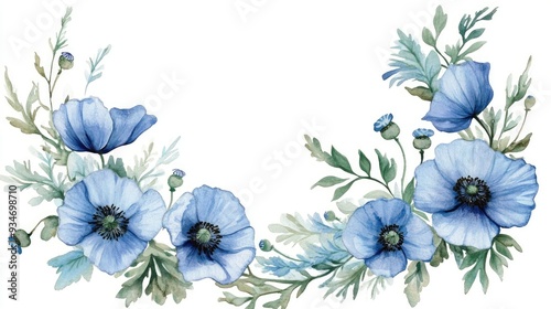 Watercolor frame featuring blue poppies and foliage