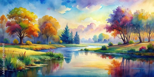 Watercolor painting of a serene landscape with vibrant colors and flowing brushstrokes, watercolor, painting, UHD, wallpaper