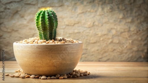 Green cactus in textured beige pot with pebbles, cactus, succulent, plant, green, spines, prickly, desert, nature, rustic, ceramic