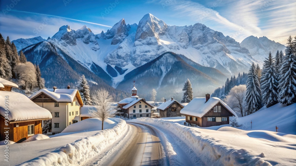 Snowy mountain village road surrounded by snow-covered Alps peaks , winter, village, road, snow, mountains, picturesque, scenic Snowy mountain village road surrounded by snow-covered Alps peaks , winter, village, road, snow, mountains, picturesque, scenic