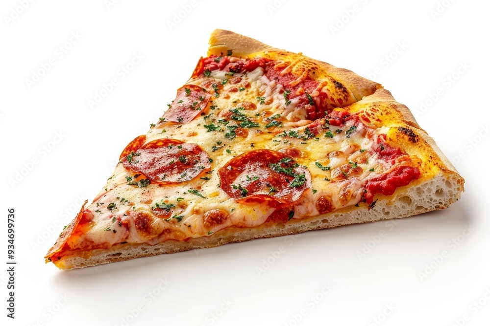 A Single Slice of Pepperoni Pizza with Melted Cheese and Fresh Herbs A Single Slice of Pepperoni Pizza with Melted Cheese and Fresh Herbs