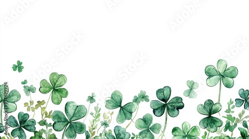 Watercolor illustration of a border featuring shamrocks and clovers isolated on a white background Hand painted green four leaf elements representing a Celtic symbol Design element for a festive po