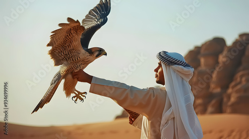 Arab man training falcon in the desert