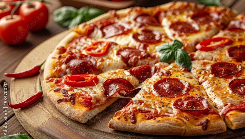 A Delicious Slice of Pepperoni Pizza on a Wooden Board A Delicious Slice of Pepperoni Pizza on a Wooden Board