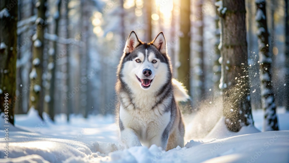 Siberian husky playing happily in a snow-covered forest , husky, winter, cold, snow, fluffy, pet, purebred, arctic, playful, white Siberian husky playing happily in a snow-covered forest , husky, winter, cold, snow, fluffy, pet, purebred, arctic, playful, white