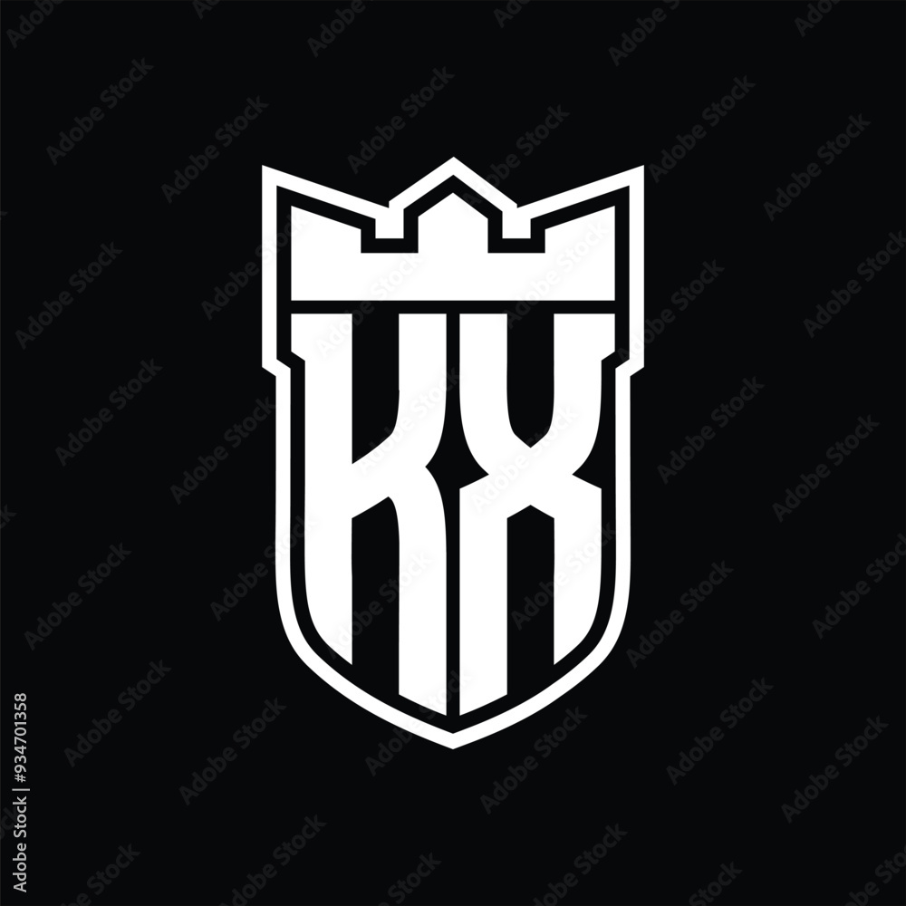 KX Logo shield shape with geometric crown inside white outline on black background template design KX Logo shield shape with geometric crown inside white outline on black background template design