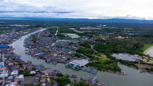 Aerial view of fishing village and gulf at Pak Nam Sichon, estuary area in Chumphon Province, Thailand. photo