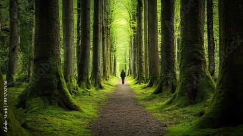 Serene Forest Pathway with Lush Green Trees and Moss-Covered Ground in Tranquil Nature Setting