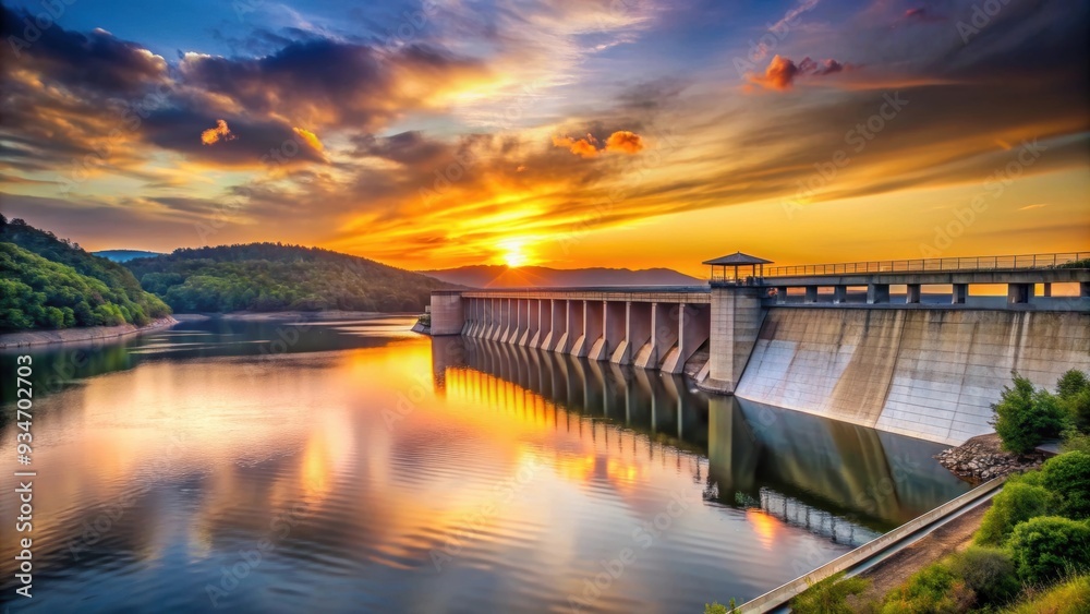 Fototapeta premium Landscape view of the dam at sunset , sunset, dam, landscape, water, reservoir, nature, twilight, evening, horizon