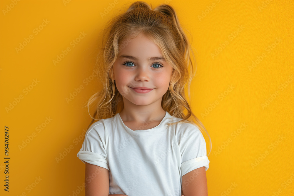 Smiling young girl with blonde hair against yellow background Smiling young girl with blonde hair against yellow background