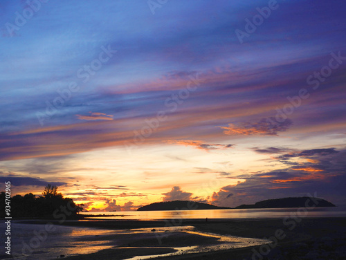 Beautiful morning view of sunrise at Pak Nam Sichon, the estuary area in Chumphon Province, Thailand. photo