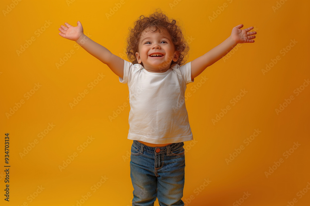 Smiling child with curly hair raising hands in joy Smiling child with curly hair raising hands in joy