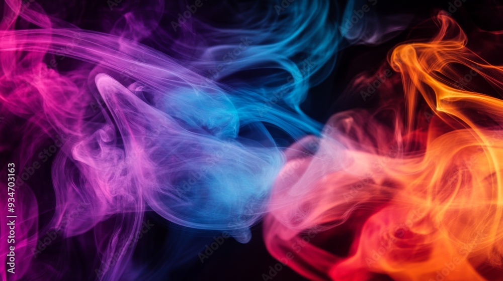 Abstract close-up of colorful smoke plumes in motion, creating a sense of fluidity and energy against a dark backdrop Abstract close-up of colorful smoke plumes in motion, creating a sense of fluidity and energy against a dark backdrop
