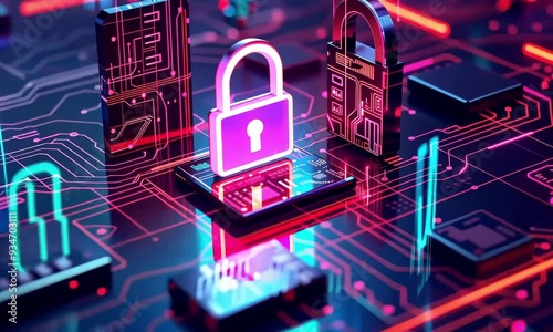 Futuristic Cybersecurity Concept with Digital Locks and Circuits, Digital data security padlock. A high-tech visualization of cybersecurity video