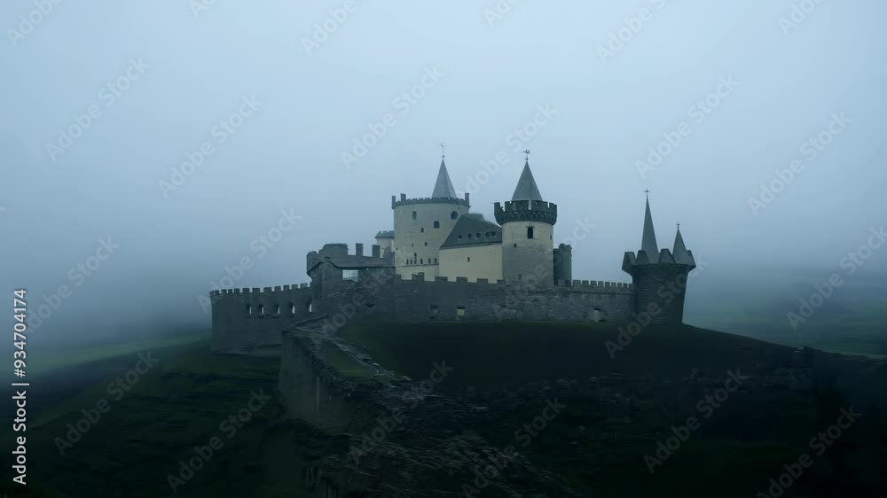 A majestic castle looms atop a misty hill, shrouded in ethereal fog. Its ancient stone walls and towering spires create a captivating silhouette against the cloudy sky. A majestic castle looms atop a misty hill, shrouded in ethereal fog. Its ancient stone walls and towering spires create a captivating silhouette against the cloudy sky.