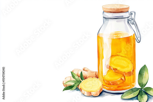 Fresh ginger slices and jar of ginger syrup evoke sense of warmth and health. vibrant colors and natural elements create refreshing and inviting atmosphere.
