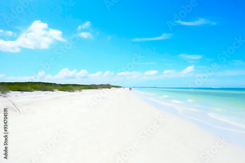 A photo painting of Clearwater Beach, white sands and people walking along the green water of the Gulf of Mexico