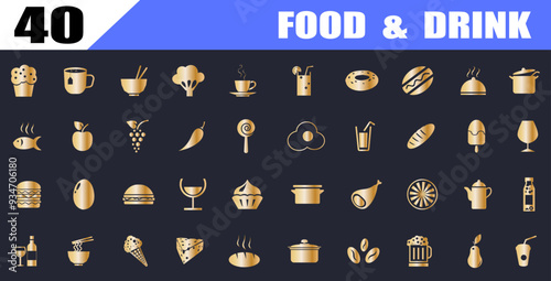 Food and drink icons set. gold flat nutrition icon logo sign.