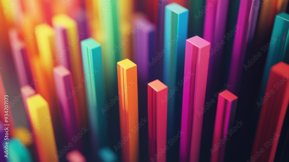 Close-up of a 3D bar chart on a computer screen, with colorful bars rising and falling, representing dynamic data trends Close-up of a 3D bar chart on a computer screen, with colorful bars rising and falling, representing dynamic data trends