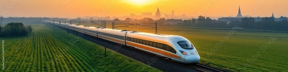 Naklejka premium High-Speed Train Racing Through Green Fields and Cityscape, Representing Modern Transportation Networks