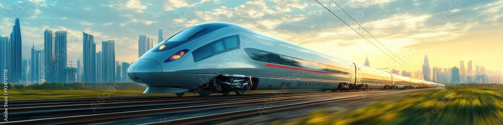 High-Speed Train Racing Through Green Fields and Cityscape, Representing Modern Transportation Networks High-Speed Train Racing Through Green Fields and Cityscape, Representing Modern Transportation Networks