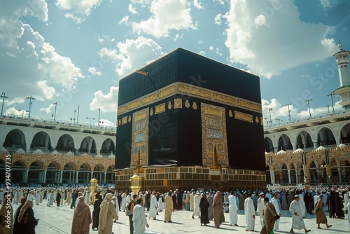 Muslims worship around the Kaaba in Mecca created with Generative AI