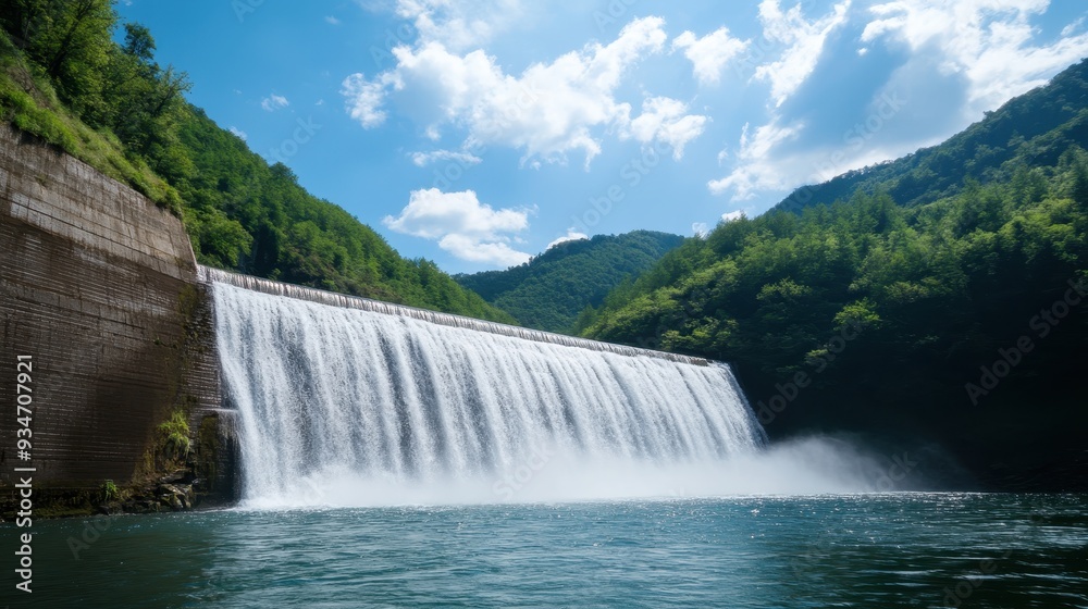 Majestic Waterfall Cascading Over a Dam with Lush Green Forest and Blue Sky in the Background Majestic Waterfall Cascading Over a Dam with Lush Green Forest and Blue Sky in the Background