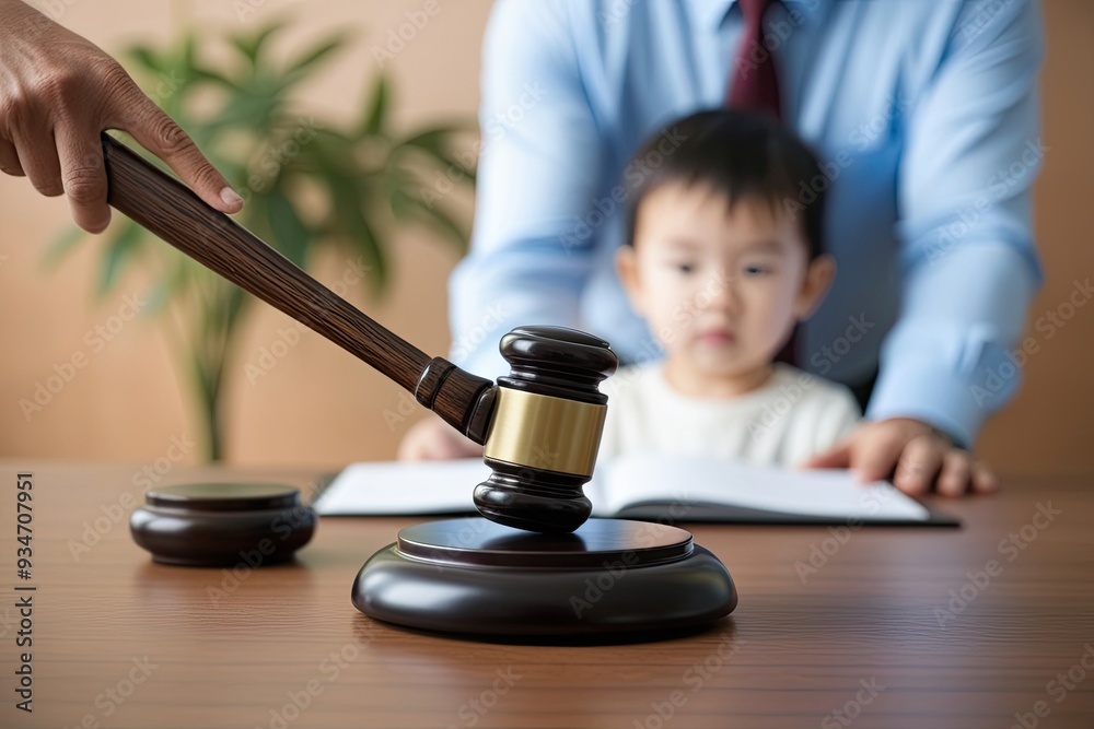 Close-Up of Judge Gavel with Child Background Exploring Custody Issues and Family Dynamics Close-Up of Judge Gavel with Child Background Exploring Custody Issues and Family Dynamics