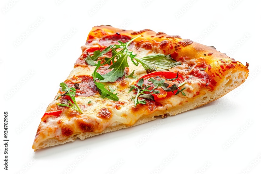 A Single Slice of Pepperoni Pizza with Arugula and Tomatoes A Single Slice of Pepperoni Pizza with Arugula and Tomatoes