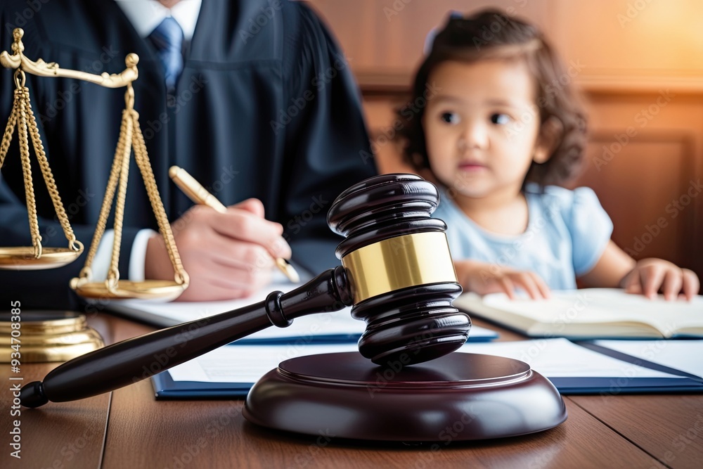 Intricate Close-Up of a Judge�s Gavel with a Child in the Background Reflecting Children's Welfare in Family Court Intricate Close-Up of a Judge�s Gavel with a Child in the Background Reflecting Children's Welfare in Family Court