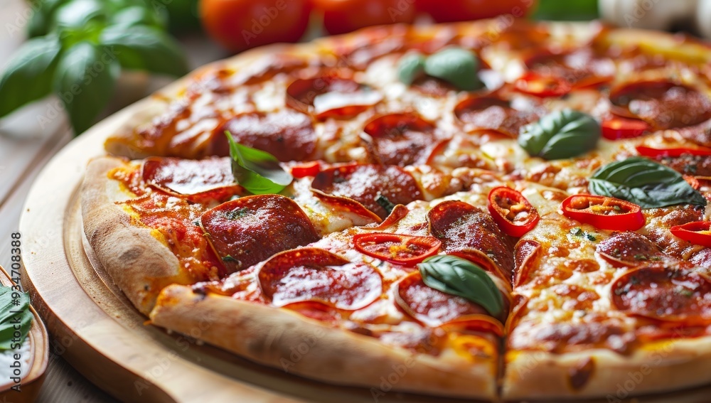 Close-Up of Pepperoni Pizza with Basil and Red Pepper Garnish Close-Up of Pepperoni Pizza with Basil and Red Pepper Garnish