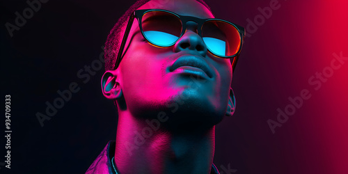 The retro wave or synth wave portrait of a young happy serious african man at studio. High Fashion male model in colorful bright neon lights posing on black background.